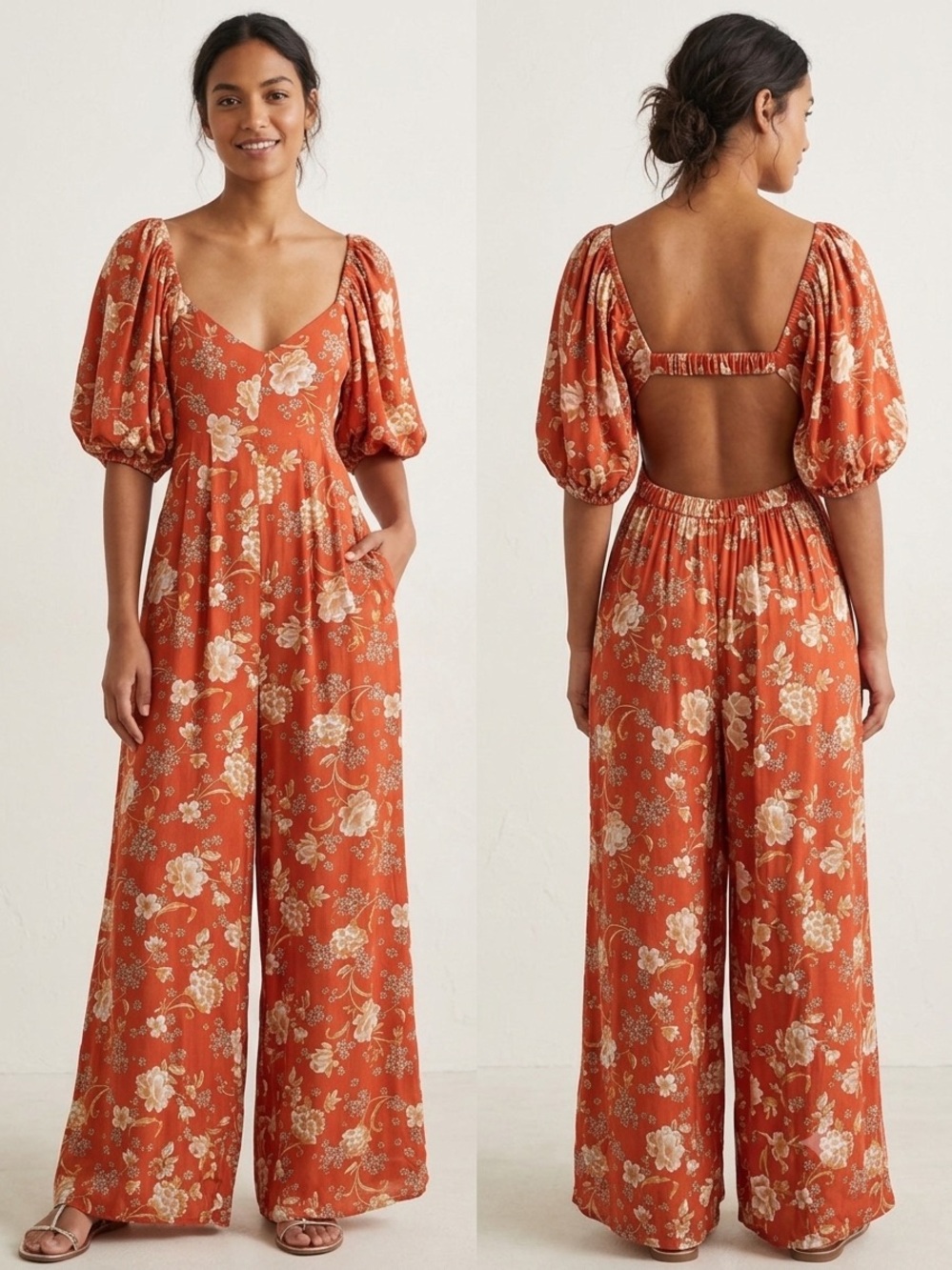 MAEVE Rust Floral Puff-Sleeve Maxi Dress- Pant. Size S